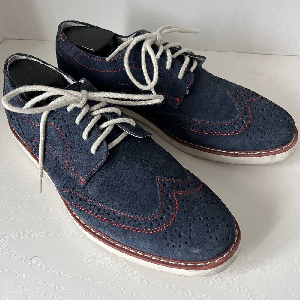 GBX Men's Dark Blue Suede Leather Shoes – Red Stitching – Size 9.5 US